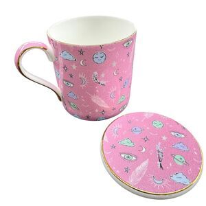 T2 Fine Bone China Tea Mug & Lid Gold Rim Sleep Tight Moon 3rd Eye Pink 13.5floz